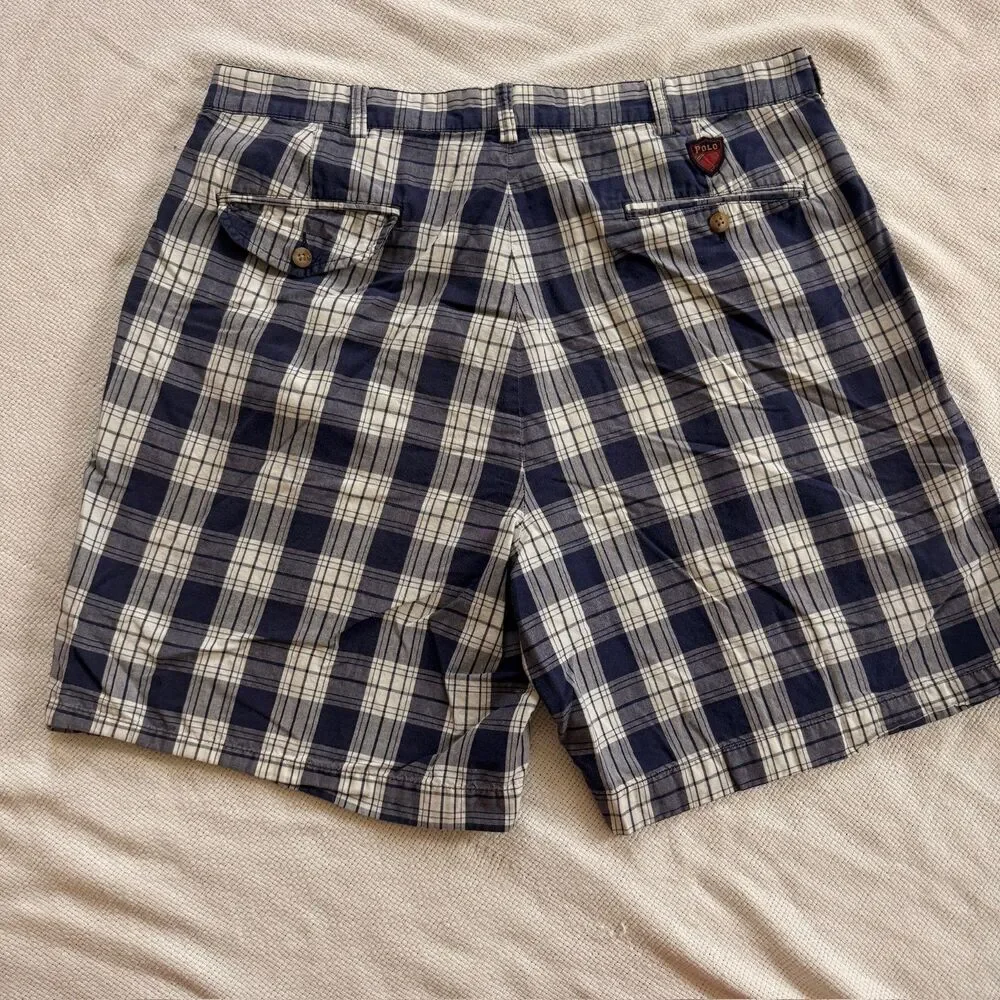 Polo Ralph Lauren Blue White Plaid Cotton Shorts Size 36 Vintage Men’s Golfwear